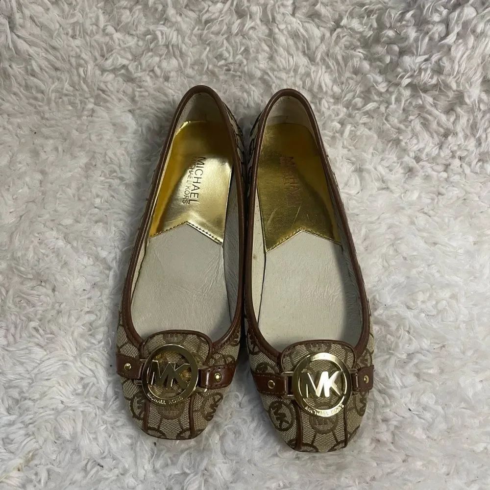 Michael Kors Brown and Gold Women's Flats fabric logo with leather trim SZ 7